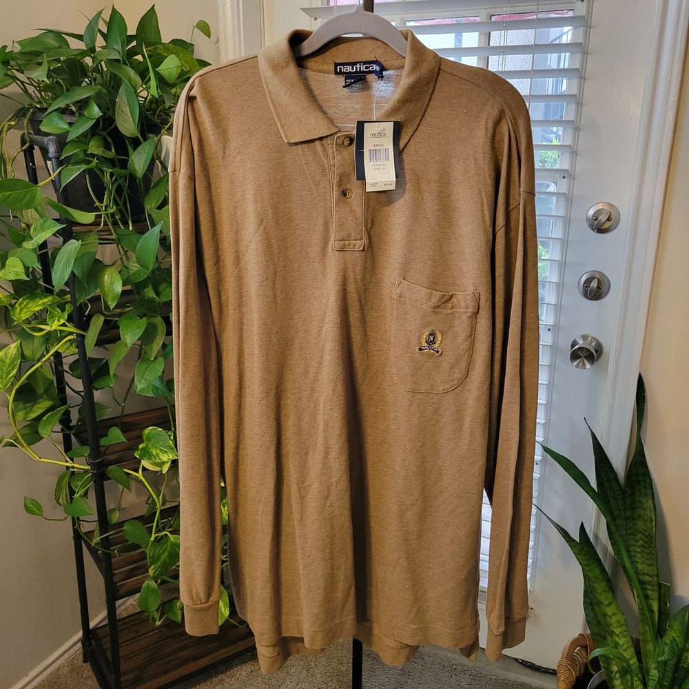 Nautica Mens Vintage Long Sleeve Polo Shirt Tan Brown Crest Logo XL(Tall) NWT